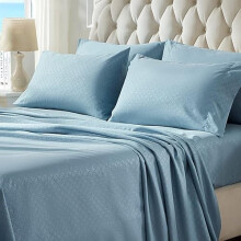 Ensemble de draps 4 pièces de luxe en relief, motif trèfle à quatre feuilles, ultra doux et infroissable, poches profondes 40 cm, bleu silex