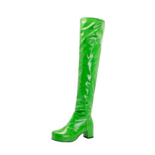 Botas femininas de outono, em verniz sintético, cores vibrantes, com zíper traseiro, salto grosso, bico redondo e cano acima do joelho. Tamanho