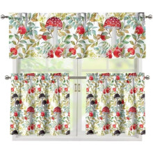 Red Mushroom Leaf Kitchen Curtains Set of 3 – Light Filtering Tier & Valance, 36", Easy Install
