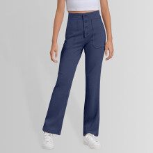 Girls Boys Dress Pants Solid Color Stretch High Waisted Button Straight Trousers With Pockets Toddler Stylish Daily Uniform Pants,Navy,9-10 Years