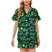 St. Patricks Day pyjamassæt til kvinder, grønt, 2-delt, kortærmet, knaplukning foran, mælkesilke, nattøj med elastisk talje, plus størrelse
