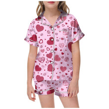 Ediodpoh Kids' Valentine's Day Pajama Set for Girls, Short Sleeve Button Top + Shorts with Pockets, Pink, Size 12-13 Years