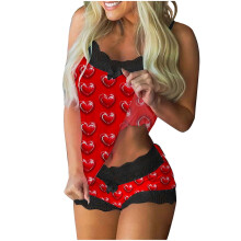 Set de pijamale pentru femei cu imprimeu de inimă roz de Ziua Îndrăgostiților – top și pantaloni scurți, garnitură din dantelă, mătase