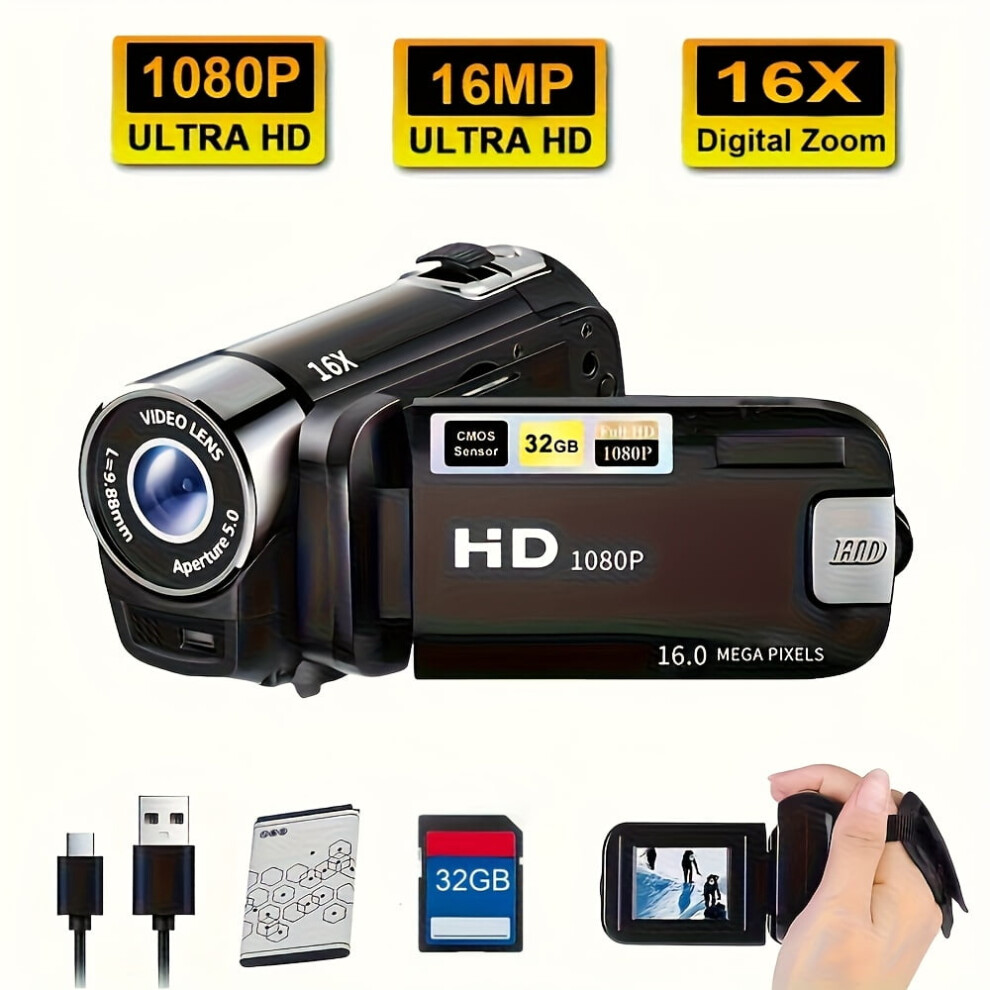 270 Flip Screen Camcorder With Led, 1080P Hd, 16X Zoom, 2.4" Display, Wide Angle, 32Gb Card, Built-In Battery, For Travel/Party/Home Recording 9485826287032