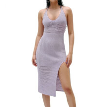 Strick-Maxikleid für Damen mit Neckholder-Ausschnitt, Polyester, Seitenschlitz, figurbetont, lässig, Sommer-Abendkleid, Übergröße S-XL, Schwarz