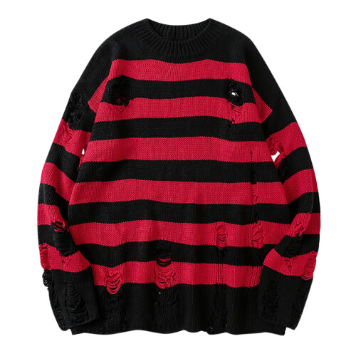 Damen Punk Gothic Pullover Locker Oversized Gestreift Zerrissen Pullover Strickpullover