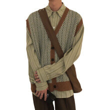 Męski sweter bez rękawów z dekoltem w serek, luźny, dzianinowy kardigan w stylu vintage, modny, swobodny styl, brązowy, rozmiar XL