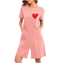 Dames Valentijnsdag lange nachtjapon van polyester en spandex, dubbel geborsteld, zacht en comfortabel, met ritssluiting aan de voorkant, zakken met