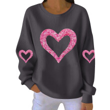 Sweat-shirt femme Saint-Valentin imprimé cœur, col rond côtelé, manches longues