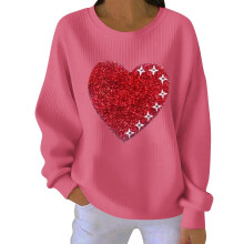 Damen-Sweatshirt mit Herzmotiv zum Valentinstag, gerippt, Rundhalsausschnitt, lang