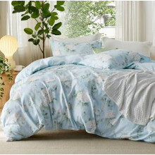 Queen Reversible Floral Duvet Cover Set, 3-Pc Aqua Blue with Zipper, 8 Corner Ties & 2 Shams (20"x26")