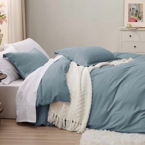 Parure de lit 3 pièces en polyester lavé gris-bleu, format Queen 2