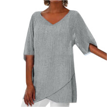 Blusas de manga comprida femininas da moda 2023: blusas túnica casuais com decote em V, modelagem solta e pregas estilo camponesa.