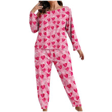 Conjunto de pijama de 2 piezas de tallas grandes para mujer, cuello redondo, manga larga, para estar en casa, estampado de corazones, ropa de dormir