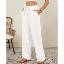 Pantaloni de plajă lejeri pentru femei, din in, de vară, cu cordon elastic, cu talie elastică, cu picior drept, casual