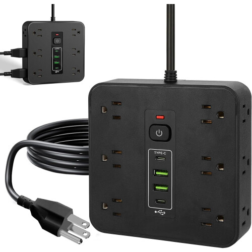 Πολύπριζο προστασίας από υπερτάσεις 16 σε 1: 12AC + 4USB (2C/2A), καλώδιο 6,6 ποδιών,