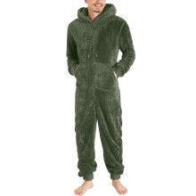 Heren fleece jumpsuit met capuchon, lange mouwen, pyjamabroek, onesie, winterpyjama met rits en zak, pluche loungewear