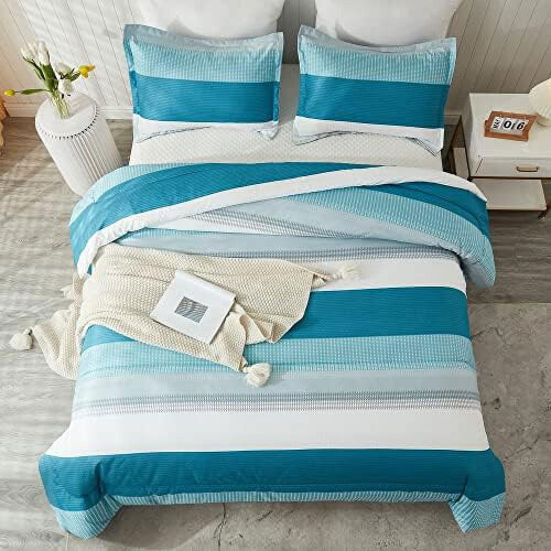 White and Teal Queen Comforter Set 3-Piece Down Alternative 1