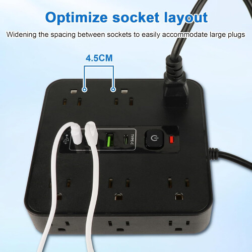 Πολύπριζο προστασίας από υπερτάσεις 16 σε 1: 12AC + 4USB (2C/2A), καλώδιο 6,6 ποδιών, 1