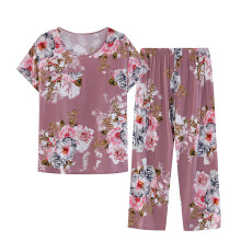 Dames zomerse pyjamaset van linnenlook, 2-delig | Top met korte mouwen, knoopsluiting en ronde hals met retroprint + broek met elastische taille |