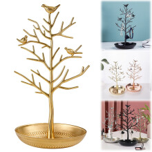 Présentoir à bijoux en forme d'arbre à oiseaux avec plateau – Porte-colliers, boucles d'oreilles, bagues et bracelets en métal antique pour