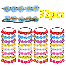 Conjunto com 4 pacotes de 32 coroas de flores de margarida | Tiara floral ajustável para casamento, festival e festa (8 cores, 4 de cada)