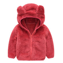 Manteau d'hiver épais à capuche, rouge, pour nouveau-né, bébé et tout-petit (2-3 ans), couleur unie, avec oreilles d'ours en peluche mignonnes.