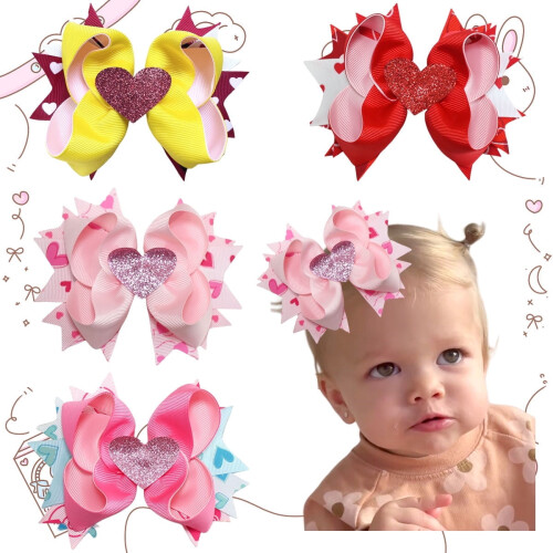 Conjunto de 4 laços de cabelo rosa com glitter em formato de coração, 13,5 cm (5,3 polegadas), para meninas e crianças pequenas. Presilhas de