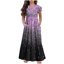 Mikilon Mädchen 6-12 Jahre, Maxikleid mit Farbverlauf, Kurzarm, Festtagskleid mit Taschen
