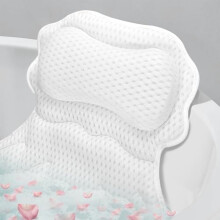 Bath Pillow with 6 Suction Cups & Hook – Ergonomic Neck/Back Support, 4D Breathable Air Mesh, Compatible with Standard Tubs, White