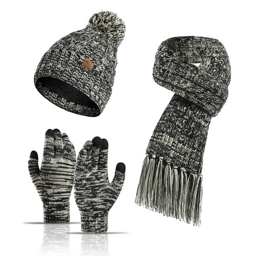 Conjunto de gorro e luvas de inverno feminino Windfall, quentinho e macio, com cachecol e gorro de tricô grosso e folgado. 1