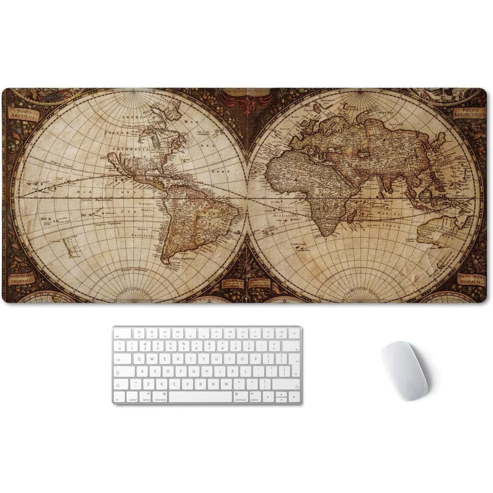 Xxl Vintage World Map Gaming Mouse Pad 35.5"X15.7", Non-Slip Rubber Base, Stitched Edges, Compatible With All Mice 9130661674881