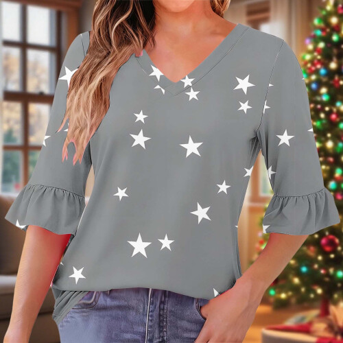 Γυναικεία Μπλούζα με Στάμπα και V-Neck, Πλισέ Μανίκια στο Τέταρτο, Βολάν – Άνετο 1