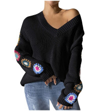 Maglione da donna a maglia traforata con scollo a V e stampa floreale all'uncinetto, vestibilità ampia.