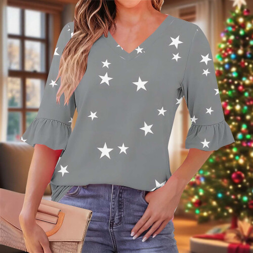 Γυναικεία Μπλούζα με Στάμπα και V-Neck, Πλισέ Μανίκια στο Τέταρτο, Βολάν – Άνετο 2