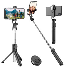 Oppgradert selfiestangstativ i aluminium – fleksibelt, uttrekkbart, kompatibelt med Apple iPhone, Samsung Galaxy og alle mobiltelefoner