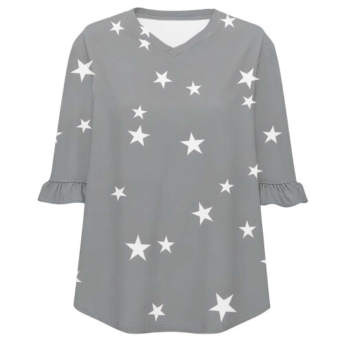 Γυναικεία Μπλούζα με Στάμπα και V-Neck, Πλισέ Μανίκια στο Τέταρτο, Βολάν – Άνετο 2