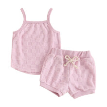 Sommerliches Set für Neugeborene: Einfarbiges Set aus Trägertop und Shorts mit Karomuster, Kordelzug, Babykleidung und Kleinkinderkleidung,