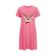 Damespyjama met schattige kerstprint, ronde hals en korte mouwen in grote maten | Feestelijke pyjama | Zachte polyester-spandex | S-2XL