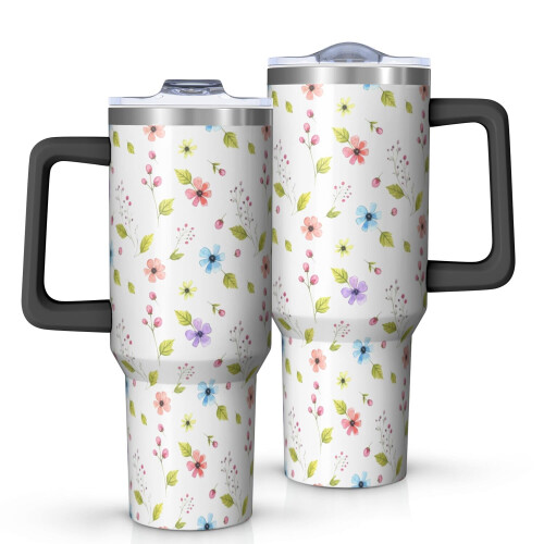 Ποτήρι Pioneer με 40oz, μονωμένο με λαβή και σχέδιο λουλουδιών, καπάκι και καλαμάκια