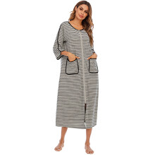 Dames katoenen badjas tot de enkels met ritssluiting, korte mouwen, zakken, ronde hals, gestreept, plus size S-XXL, grijs – Geschikt voor thuis en