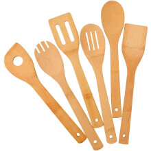 Conjunto de utensílios de cozinha, 6 peças, incluindo colheres e espátula de bambu, ideais para panelas antiaderentes e wok.