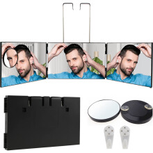 Feisate 3 Way Mirror for Hair Cutting, 360 Barber Mirror Self Cut to See Back of Head, Height Adjustable, Black No LED