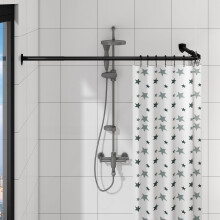 Shower Curtain Pole, L Shaped Shower Curtain Rail, Extendable Shower Curtain Rod for Bathroom, Clothing Store, Stainless with 12 Ring Hooks & Ceiling