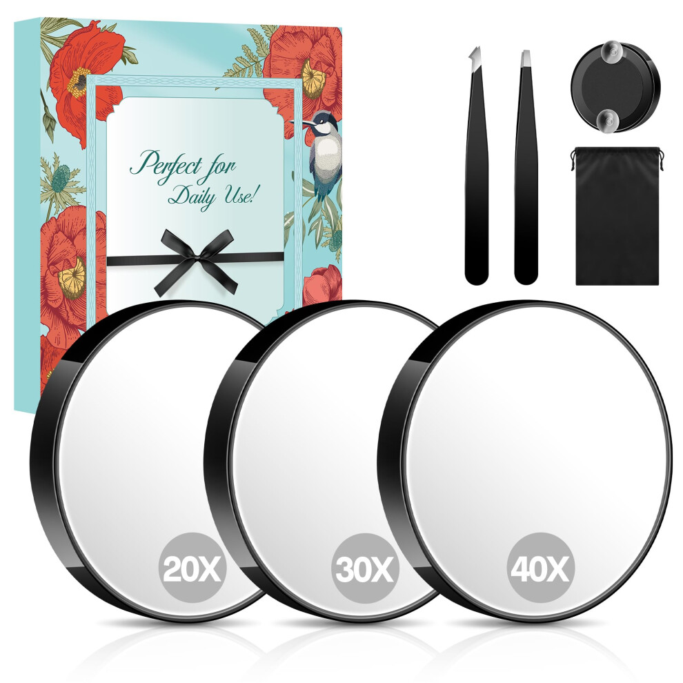 Miyadiva 40X/30X/20X Magnifying Mirror, 3.5 Inch Round Compact Mirror With Suction Cup, 2Ps Stainless Steel Tweezers, Perfect For Makeup, Eyebrows,