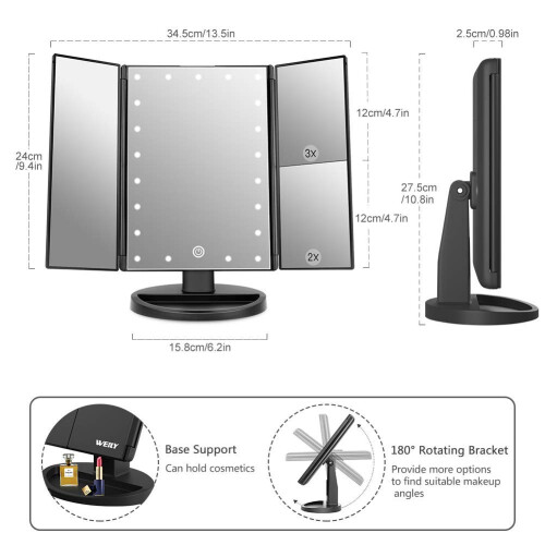 WEILY Lighted Makeup Mirror, 1x/2X/3X Magnification, Three-Fold Mirror with 21 LED Lights, Touch Screen Switch, Table Mirror with Battery and USB 2