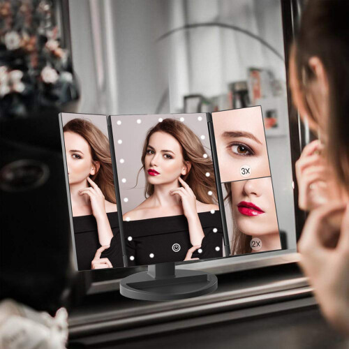WEILY Lighted Makeup Mirror, 1x/2X/3X Magnification, Three-Fold Mirror with 21 LED Lights, Touch Screen Switch, Table Mirror with Battery and USB 1
