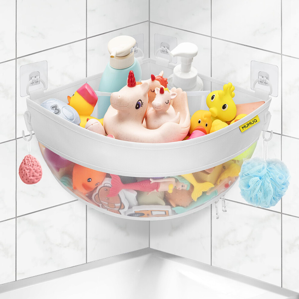 Mumuq Bath Toy Storage Corner Wall Mounted, 16.35 L Shower Caddy Bath Toys Holder, Bottom Zipper Mesh Bathtub Toys Storage Organiser Bag, Baby Shower Basket