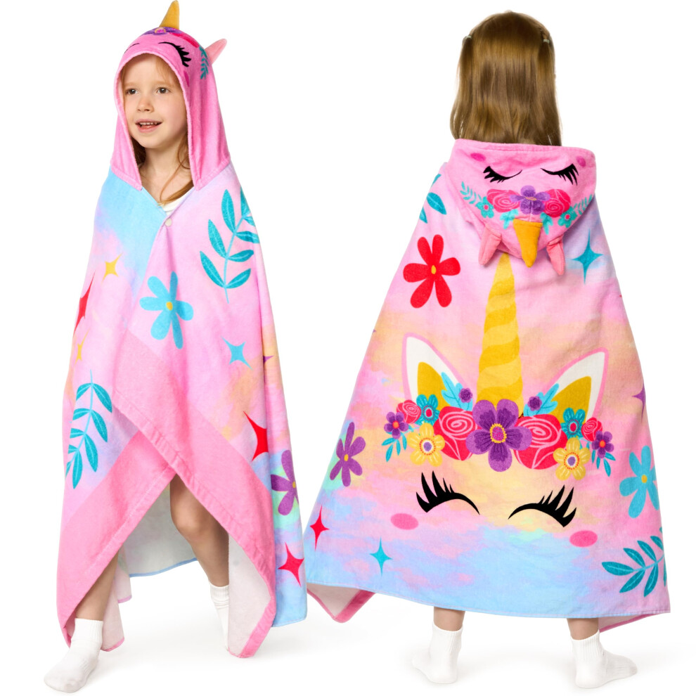 Joiedomi Unicorn 127 X 77 Cm Hooded Towels For Kids - Soft Cotton Kids Beach Towel For 3-10 Years Boys Girls - Beach Poncho Towels For Kids - Swimming