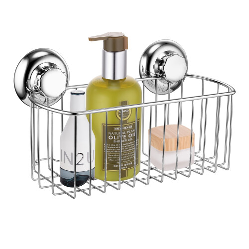 MaxHold No-Drilling/Suction Cup Deep Rectangular Storage Basket - Vaccum System - Stainless Steel Never Rust - for Bathroom & Kitchen